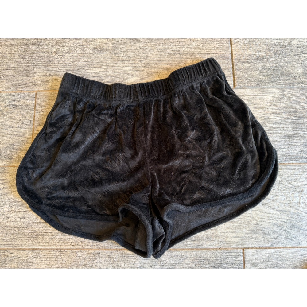 Juicy‎ Couture Sleep Shorts Medium Black Velour 9621-47 Lounge Y2K Embossed Logo